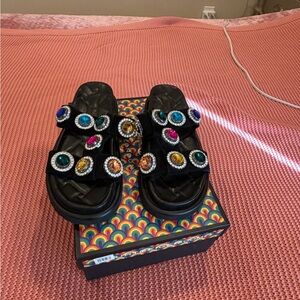 Kurt Geiger Black Flats with Multicolor Gem Accents